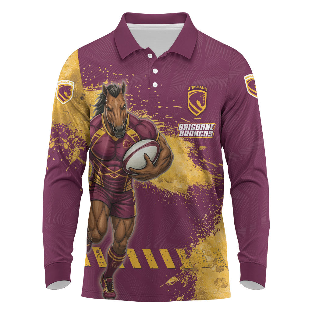 Personalised Brisbane Broncos Rugby Long Sleeve Polo Shirt Bronx Mascot Grunge Maroon Gold - Sporty Splash Art Style