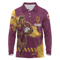 Personalised Brisbane Broncos Rugby Long Sleeve Polo Shirt Bronx Mascot Grunge Maroon Gold - Sporty Splash Art Style