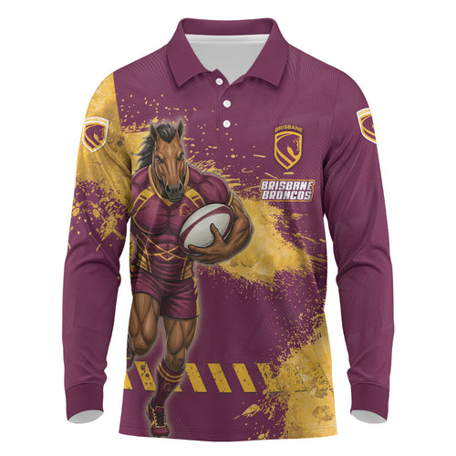 Personalised Brisbane Broncos Rugby Long Sleeve Polo Shirt Bronx Mascot Grunge Maroon Gold - Sporty Splash Art Style