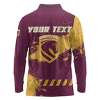 Personalised Brisbane Broncos Rugby Long Sleeve Polo Shirt Bronx Mascot Grunge Maroon Gold - Sporty Splash Art Style