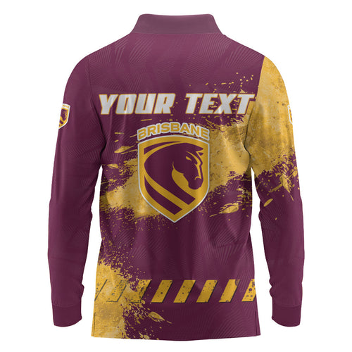 Personalised Brisbane Broncos Rugby Long Sleeve Polo Shirt Bronx Mascot Grunge Maroon Gold - Sporty Splash Art Style