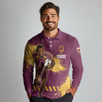 Personalised Brisbane Broncos Rugby Long Sleeve Polo Shirt Bronx Mascot Grunge Maroon Gold - Sporty Splash Art Style