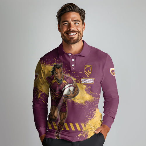 Personalised Brisbane Broncos Rugby Long Sleeve Polo Shirt Bronx Mascot Grunge Maroon Gold - Sporty Splash Art Style