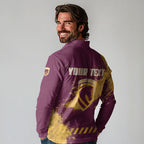 Personalised Brisbane Broncos Rugby Long Sleeve Polo Shirt Bronx Mascot Grunge Maroon Gold - Sporty Splash Art Style