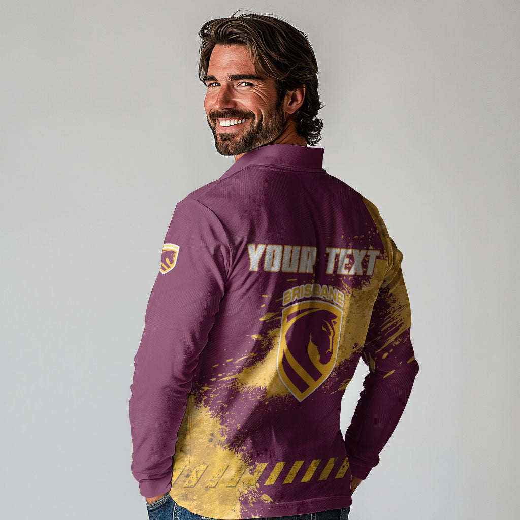 Personalised Brisbane Broncos Rugby Long Sleeve Polo Shirt Bronx Mascot Grunge Maroon Gold - Sporty Splash Art Style