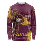Personalised Brisbane Broncos Rugby Long Sleeve Shirt Bronx Mascot Grunge Maroon Gold - Sporty Splash Art Style