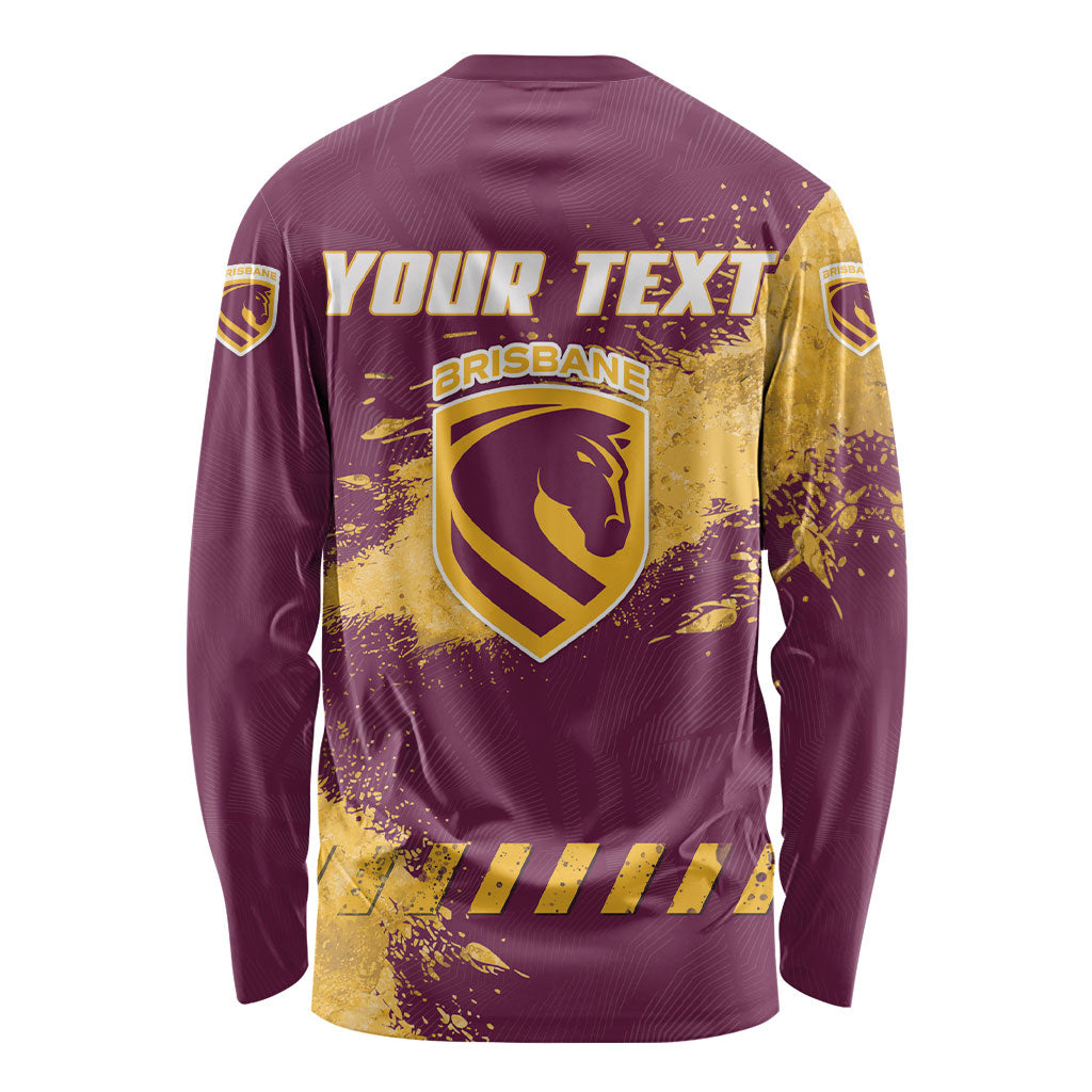 Personalised Brisbane Broncos Rugby Long Sleeve Shirt Bronx Mascot Grunge Maroon Gold - Sporty Splash Art Style