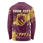 Personalised Brisbane Broncos Rugby Long Sleeve Shirt Bronx Mascot Grunge Maroon Gold - Sporty Splash Art Style