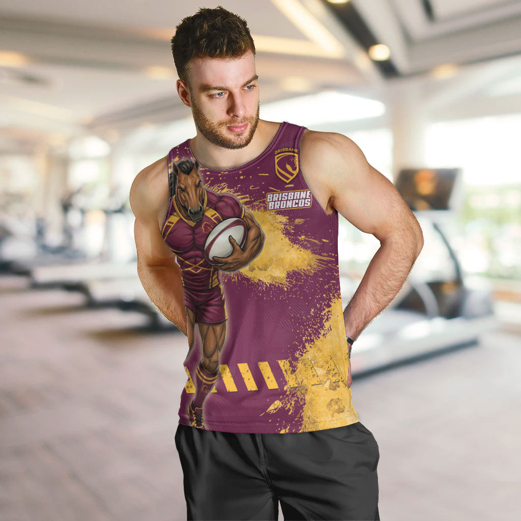 Personalised Brisbane Broncos Rugby Men Tank Top Bronx Mascot Grunge Maroon Gold - Sporty Splash Art Style