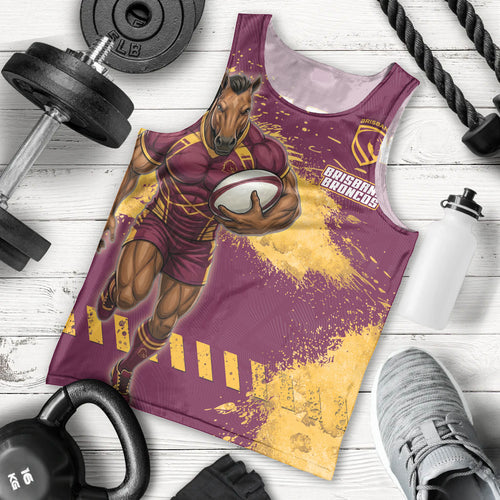 Personalised Brisbane Broncos Rugby Men Tank Top Bronx Mascot Grunge Maroon Gold - Sporty Splash Art Style