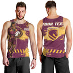 Personalised Brisbane Broncos Rugby Men Tank Top Bronx Mascot Grunge Maroon Gold - Sporty Splash Art Style