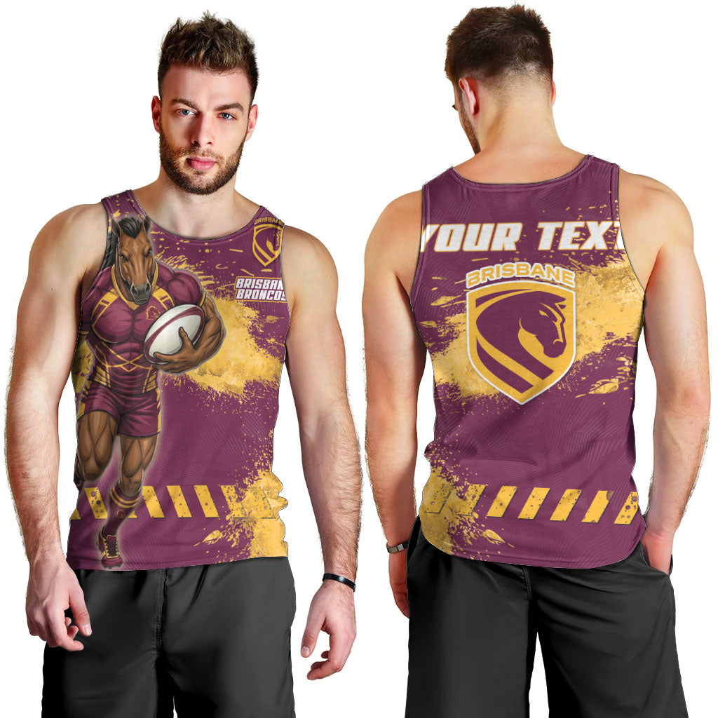Personalised Brisbane Broncos Rugby Men Tank Top Bronx Mascot Grunge Maroon Gold - Sporty Splash Art Style