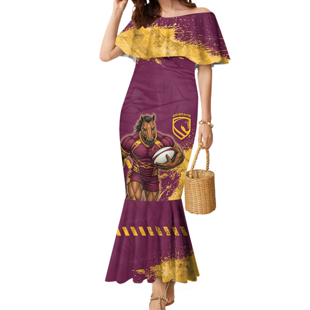 Personalised Brisbane Broncos Rugby Mermaid Dress Bronx Mascot Grunge Maroon Gold - Sporty Splash Art Style