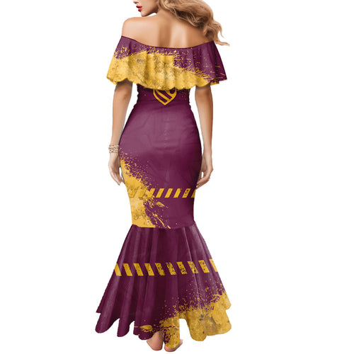 Personalised Brisbane Broncos Rugby Mermaid Dress Bronx Mascot Grunge Maroon Gold - Sporty Splash Art Style
