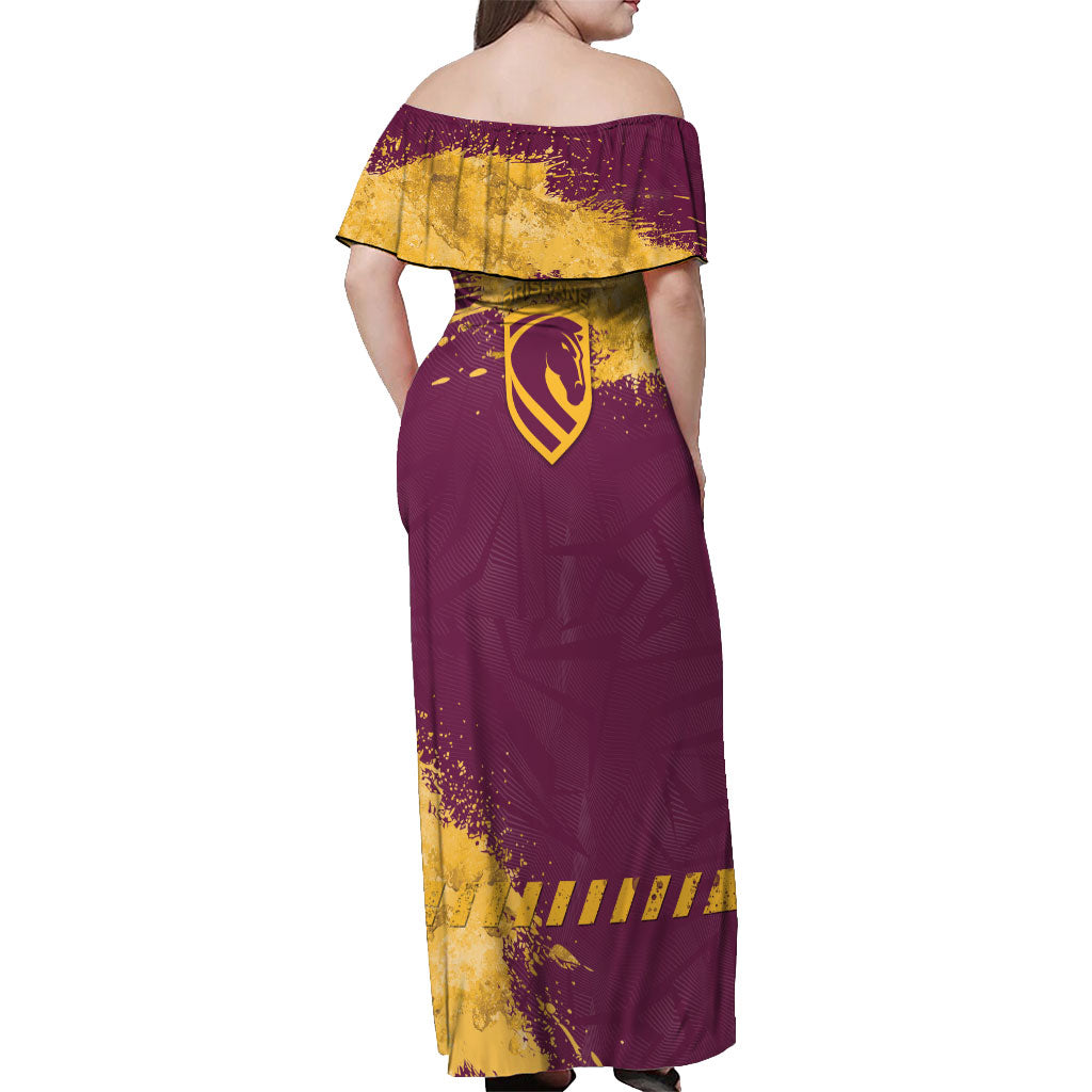 Personalised Brisbane Broncos Rugby Off Shoulder Maxi Dress Bronx Mascot Grunge Maroon Gold - Sporty Splash Art Style