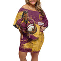 Personalised Brisbane Broncos Rugby Off Shoulder Short Dress Bronx Mascot Grunge Maroon Gold - Sporty Splash Art Style