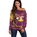 Personalised Brisbane Broncos Rugby Off Shoulder Sweater Bronx Mascot Grunge Maroon Gold - Sporty Splash Art Style