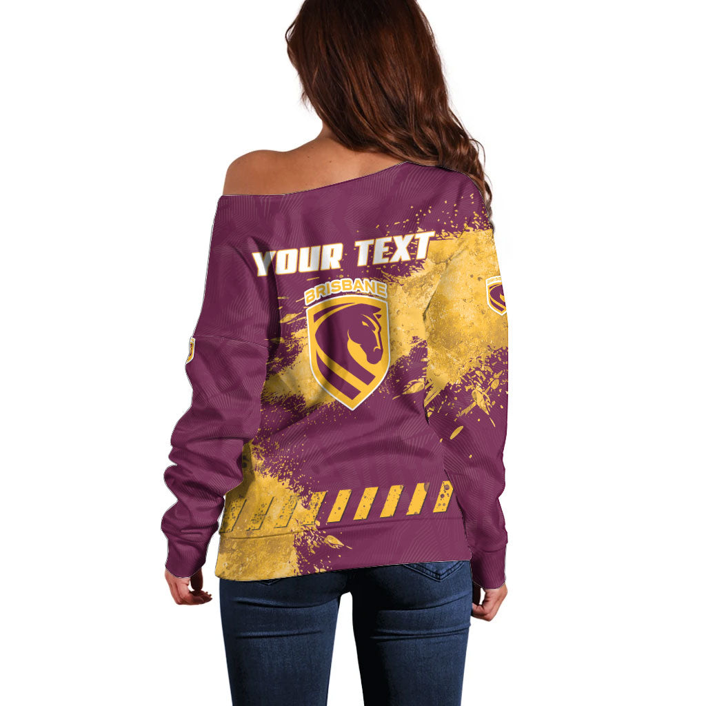 Personalised Brisbane Broncos Rugby Off Shoulder Sweater Bronx Mascot Grunge Maroon Gold - Sporty Splash Art Style