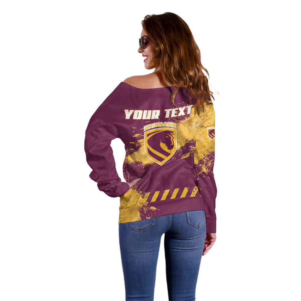 Personalised Brisbane Broncos Rugby Off Shoulder Sweater Bronx Mascot Grunge Maroon Gold - Sporty Splash Art Style