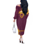 Personalised Brisbane Broncos Rugby Off The Shoulder Long Sleeve Dress Bronx Mascot Grunge Maroon Gold - Sporty Splash Art Style