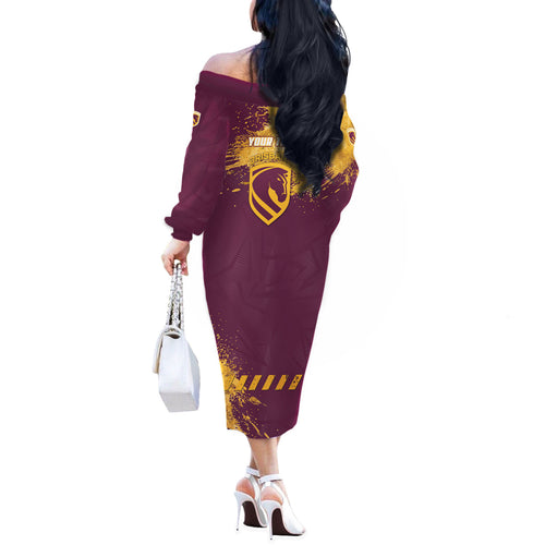 Personalised Brisbane Broncos Rugby Off The Shoulder Long Sleeve Dress Bronx Mascot Grunge Maroon Gold - Sporty Splash Art Style
