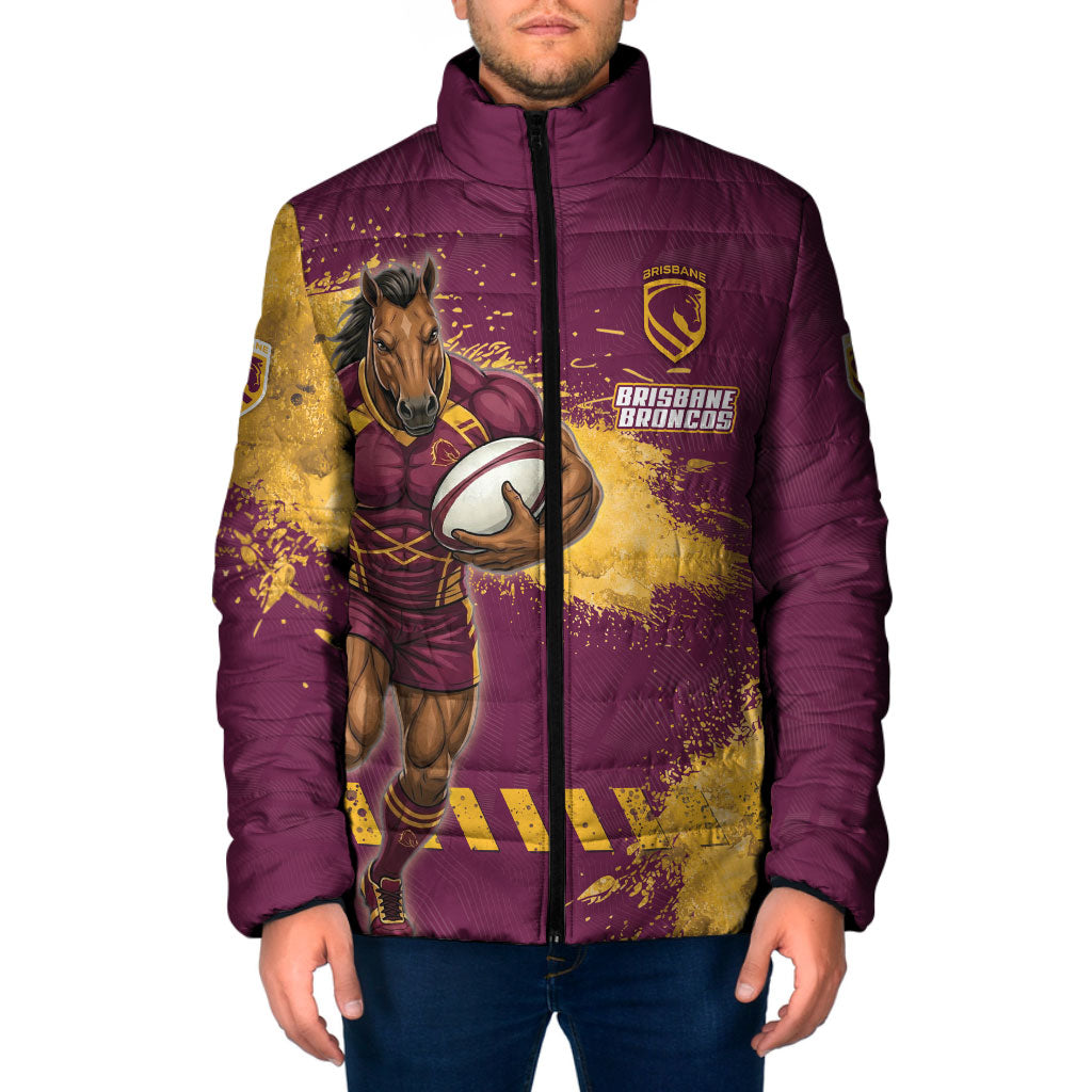 Personalised Brisbane Broncos Rugby Padded Jacket Bronx Mascot Grunge Maroon Gold - Sporty Splash Art Style