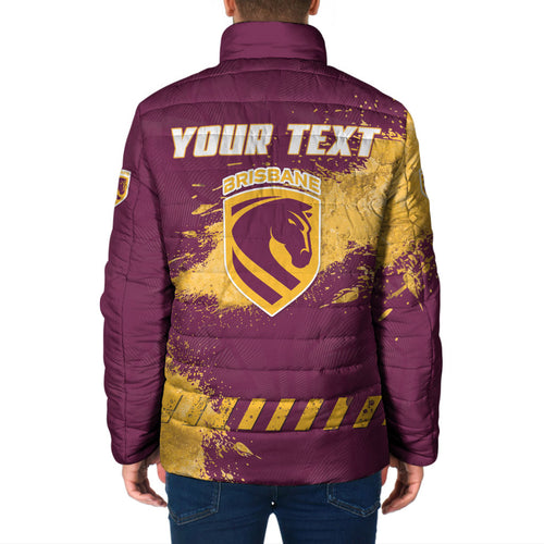 Personalised Brisbane Broncos Rugby Padded Jacket Bronx Mascot Grunge Maroon Gold - Sporty Splash Art Style