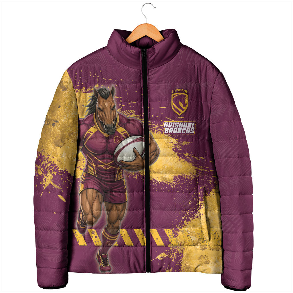 Personalised Brisbane Broncos Rugby Padded Jacket Bronx Mascot Grunge Maroon Gold - Sporty Splash Art Style