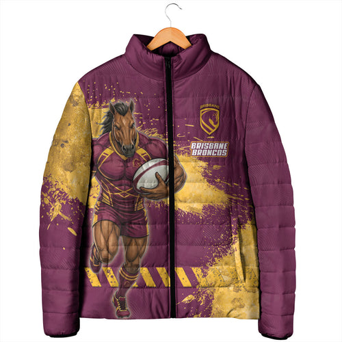 Personalised Brisbane Broncos Rugby Padded Jacket Bronx Mascot Grunge Maroon Gold - Sporty Splash Art Style