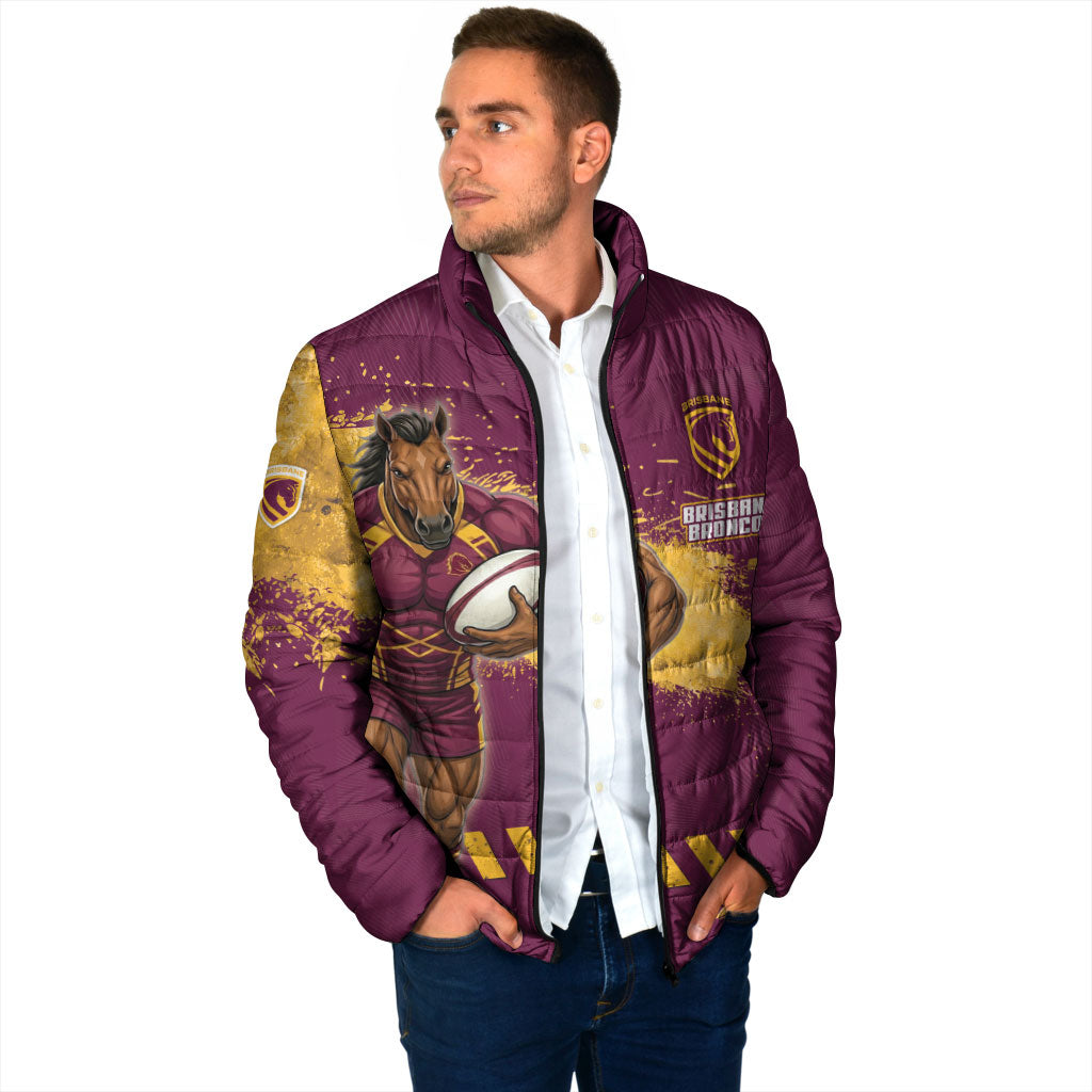 Personalised Brisbane Broncos Rugby Padded Jacket Bronx Mascot Grunge Maroon Gold - Sporty Splash Art Style
