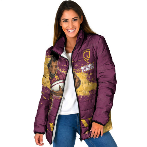 Personalised Brisbane Broncos Rugby Padded Jacket Bronx Mascot Grunge Maroon Gold - Sporty Splash Art Style