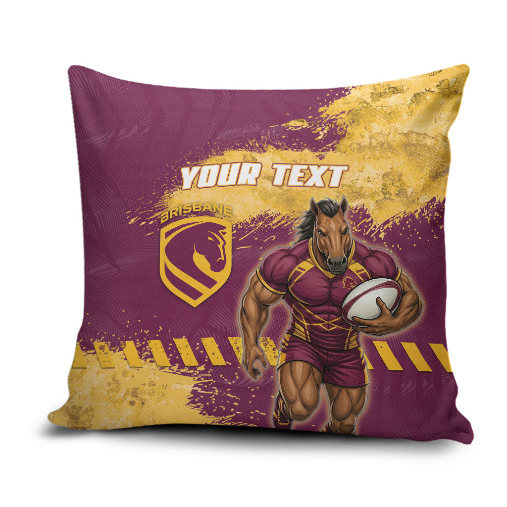 Personalised Brisbane Broncos Rugby Pillow Cover Bronx Mascot Grunge Maroon Gold - Sporty Splash Art Style