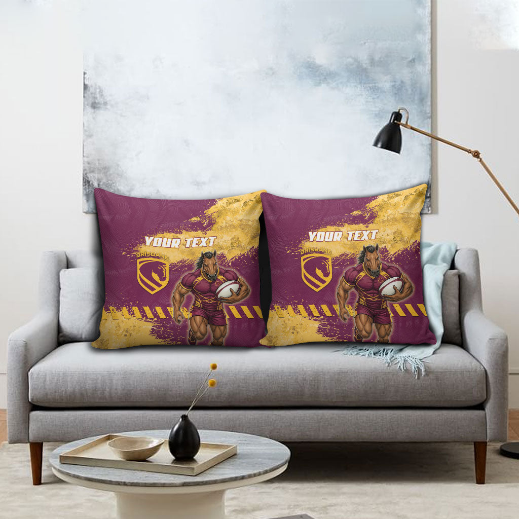 Personalised Brisbane Broncos Rugby Pillow Cover Bronx Mascot Grunge Maroon Gold - Sporty Splash Art Style