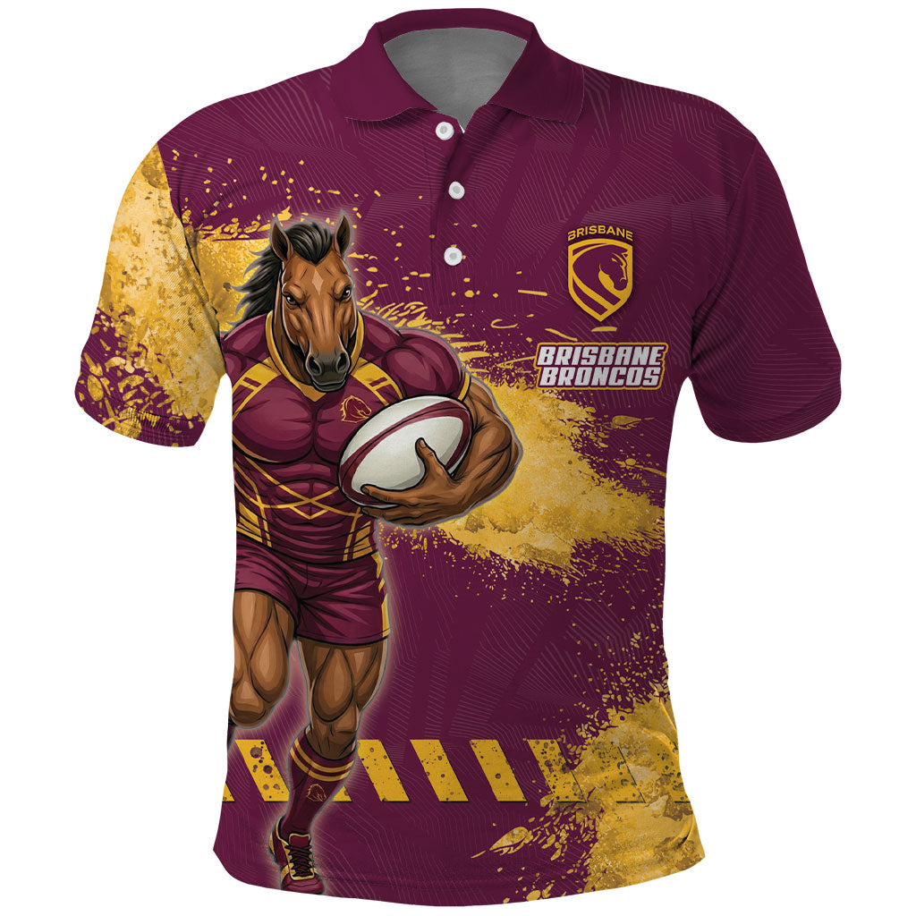 Personalised Brisbane Broncos Rugby Polo Shirt Bronx Mascot Grunge Maroon Gold - Sporty Splash Art Style