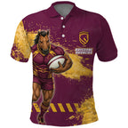 Personalised Brisbane Broncos Rugby Polo Shirt Bronx Mascot Grunge Maroon Gold - Sporty Splash Art Style