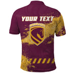 Personalised Brisbane Broncos Rugby Polo Shirt Bronx Mascot Grunge Maroon Gold - Sporty Splash Art Style