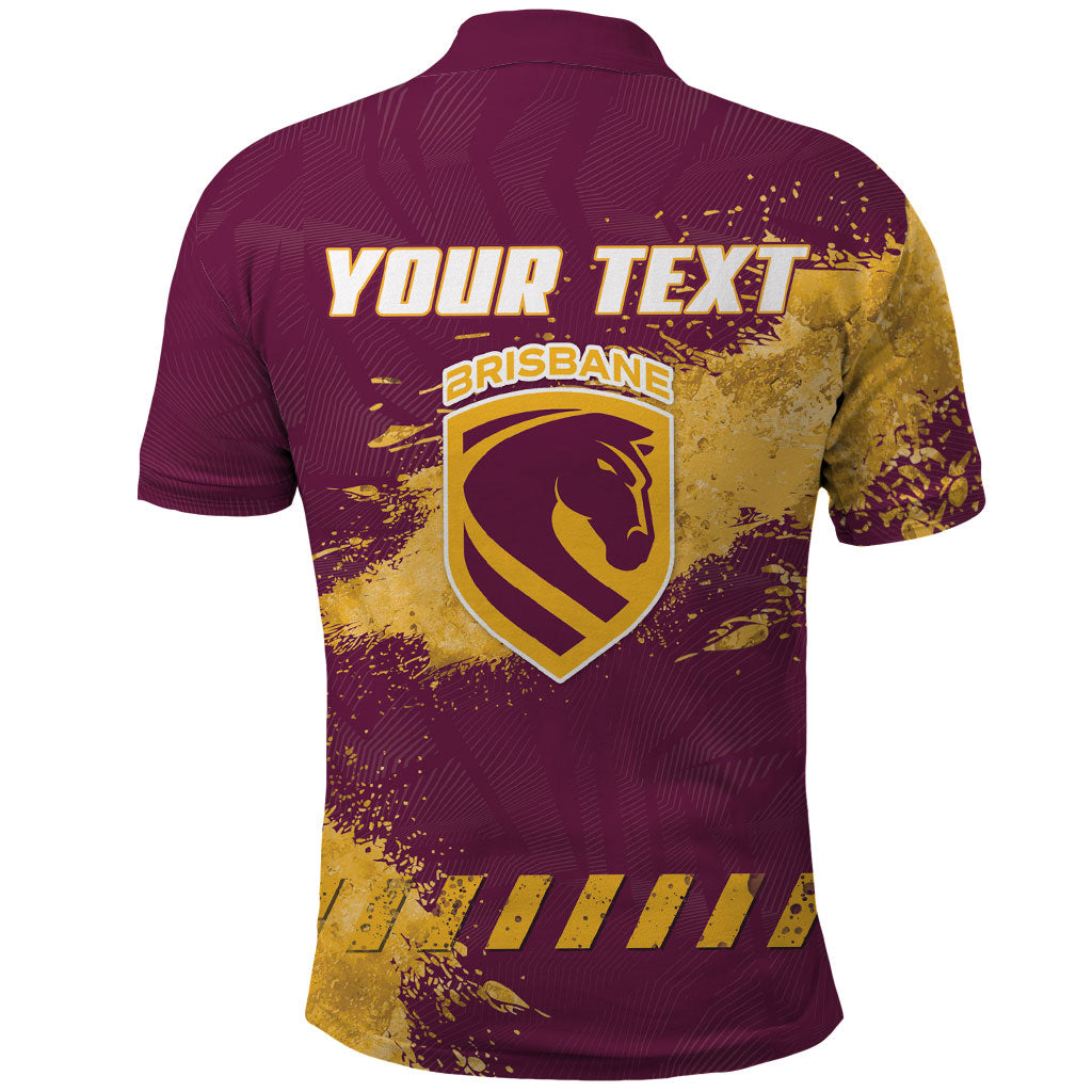 Personalised Brisbane Broncos Rugby Polo Shirt Bronx Mascot Grunge Maroon Gold - Sporty Splash Art Style