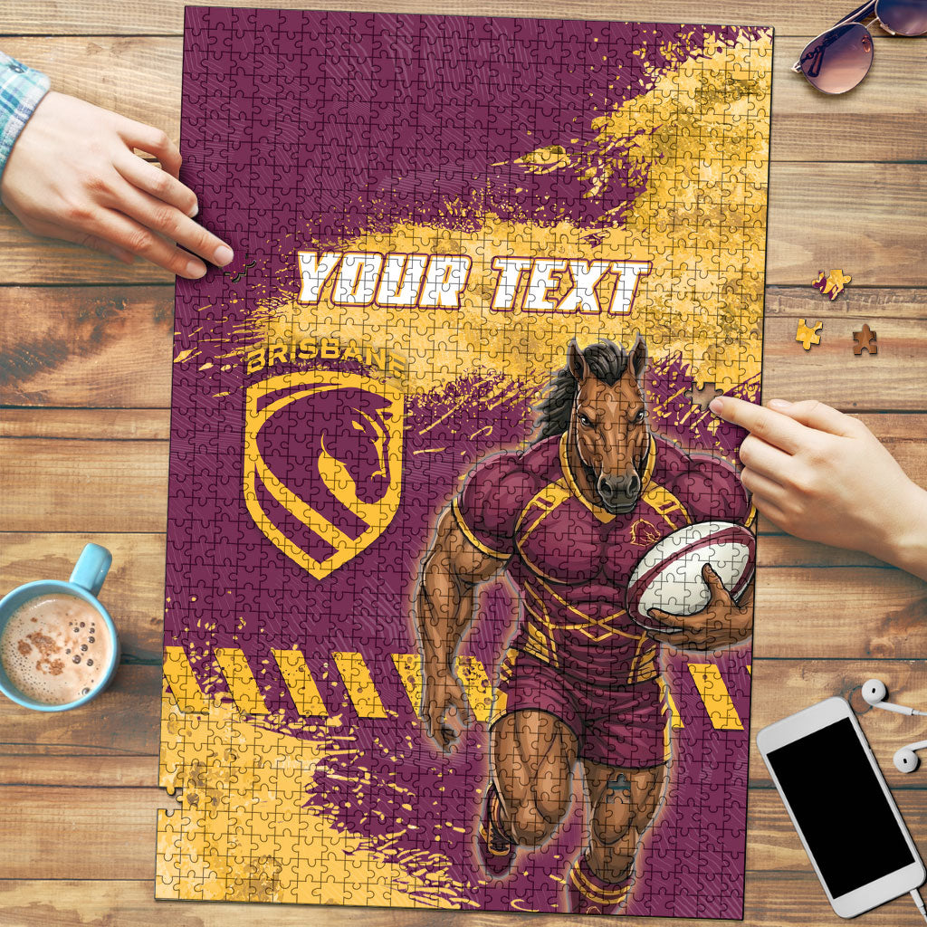 Personalised Brisbane Broncos Rugby Puzzle Bronx Mascot Grunge Maroon Gold - Sporty Splash Art Style
