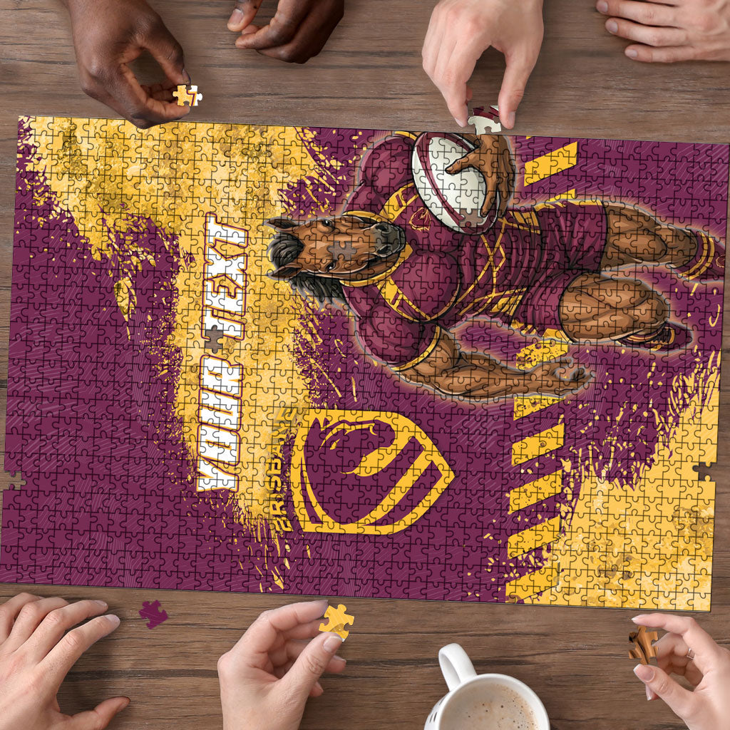 Personalised Brisbane Broncos Rugby Puzzle Bronx Mascot Grunge Maroon Gold - Sporty Splash Art Style