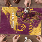 Personalised Brisbane Broncos Rugby Puzzle Bronx Mascot Grunge Maroon Gold - Sporty Splash Art Style