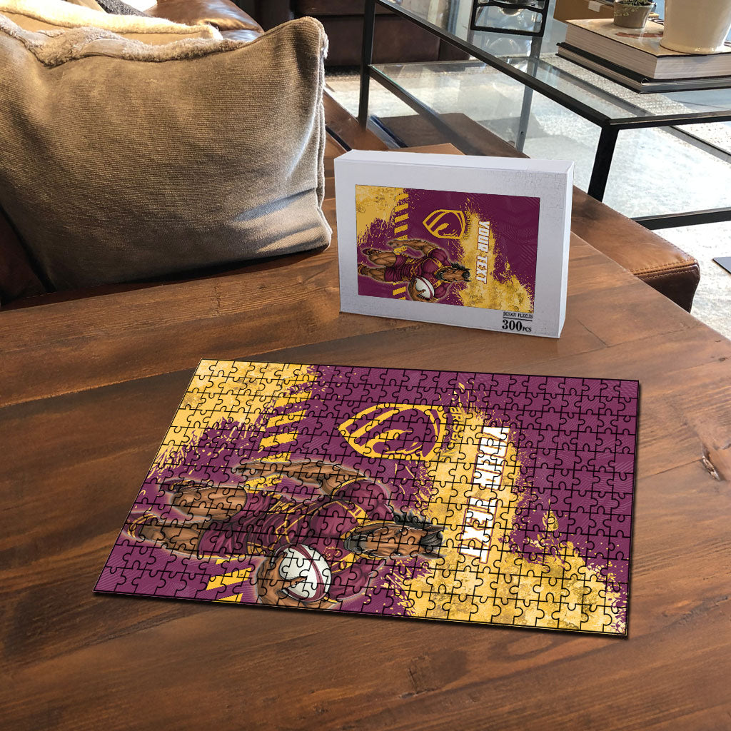 Personalised Brisbane Broncos Rugby Puzzle Bronx Mascot Grunge Maroon Gold - Sporty Splash Art Style