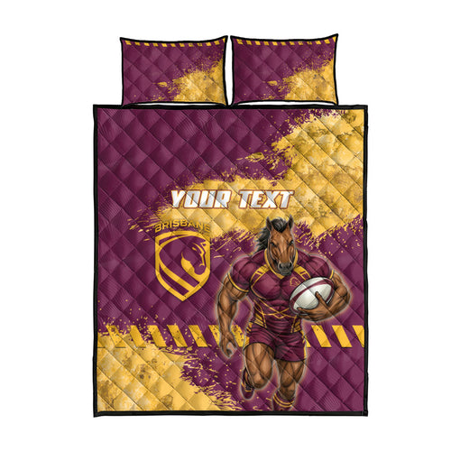 Personalised Brisbane Broncos Rugby Quilt Bed Set Bronx Mascot Grunge Maroon Gold - Sporty Splash Art Style