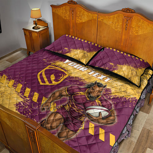 Personalised Brisbane Broncos Rugby Quilt Bed Set Bronx Mascot Grunge Maroon Gold - Sporty Splash Art Style