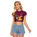 Personalised Brisbane Broncos Rugby Raglan Cropped T Shirt Bronx Mascot Grunge Maroon Gold - Sporty Splash Art Style