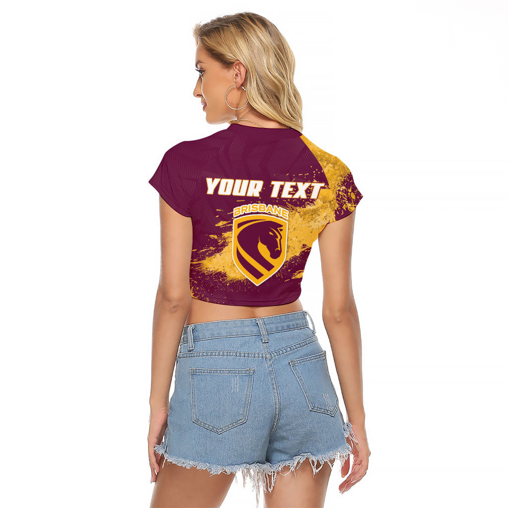 Personalised Brisbane Broncos Rugby Raglan Cropped T Shirt Bronx Mascot Grunge Maroon Gold - Sporty Splash Art Style