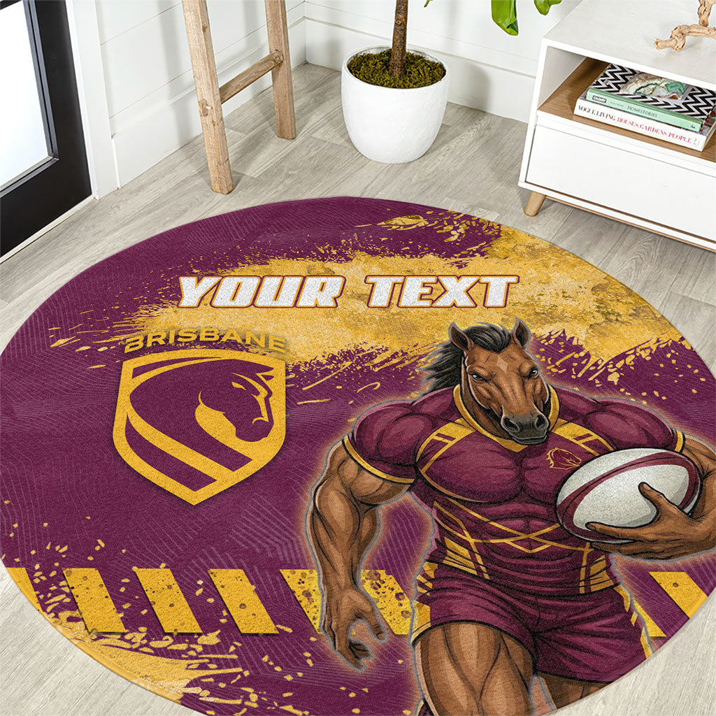 Personalised Brisbane Broncos Rugby Round Carpet Bronx Mascot Grunge Maroon Gold - Sporty Splash Art Style