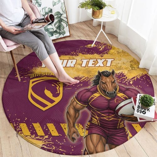 Personalised Brisbane Broncos Rugby Round Carpet Bronx Mascot Grunge Maroon Gold - Sporty Splash Art Style