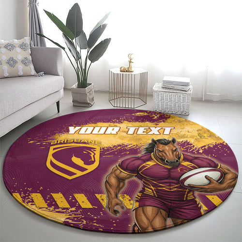 Personalised Brisbane Broncos Rugby Round Carpet Bronx Mascot Grunge Maroon Gold - Sporty Splash Art Style