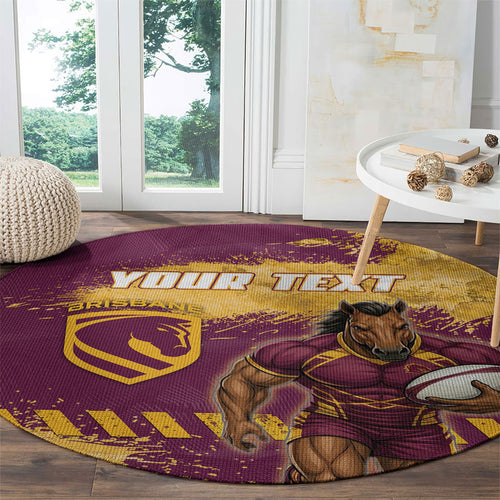 Personalised Brisbane Broncos Rugby Round Carpet Bronx Mascot Grunge Maroon Gold - Sporty Splash Art Style