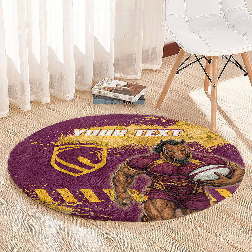 Personalised Brisbane Broncos Rugby Round Carpet Bronx Mascot Grunge Maroon Gold - Sporty Splash Art Style